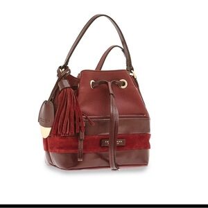 The Bridge Firenze 1969 Burgundy Red Bucket Drawstring Bag Suede Leather Tassels
